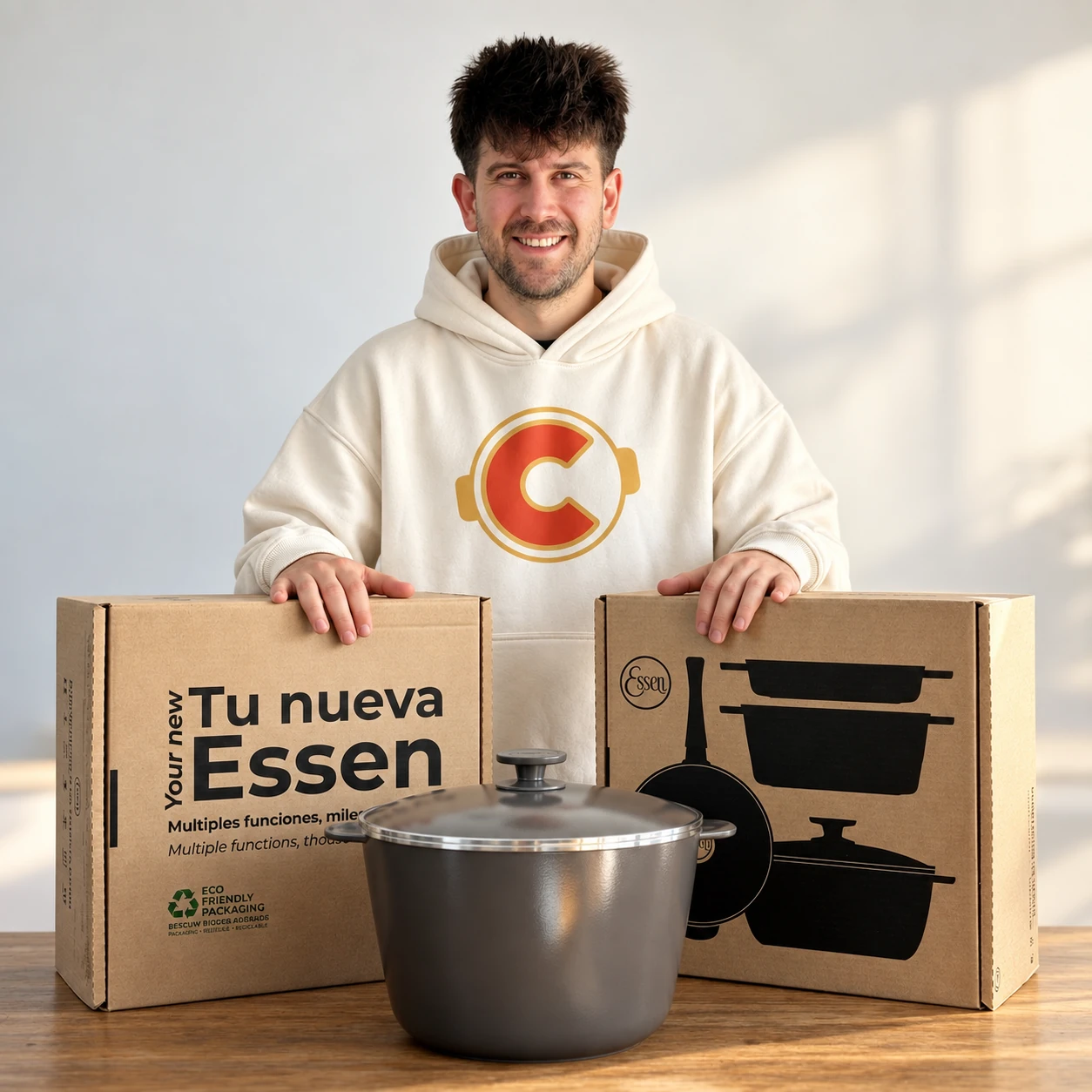 Rodrigo con dos cajas de Essen y una cacerola sobre la mesa